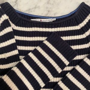 Navy and cream boat neck striped sweater